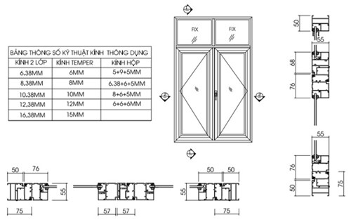 Bản vẽ cửa sổ mở quay 2 cánh Xingfa