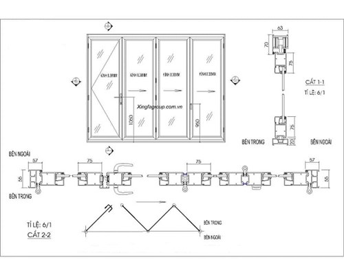 Bản vẽ cửa đi mở xếp trượt nhôm Xingfa hệ 63