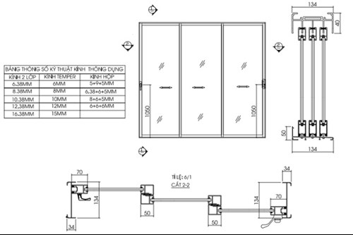Bản vẽ cửa lùa nhôm Xingfa 3 cánh