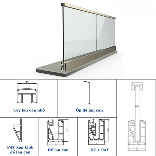 Lan can kính khung trụ nhôm Maxpro